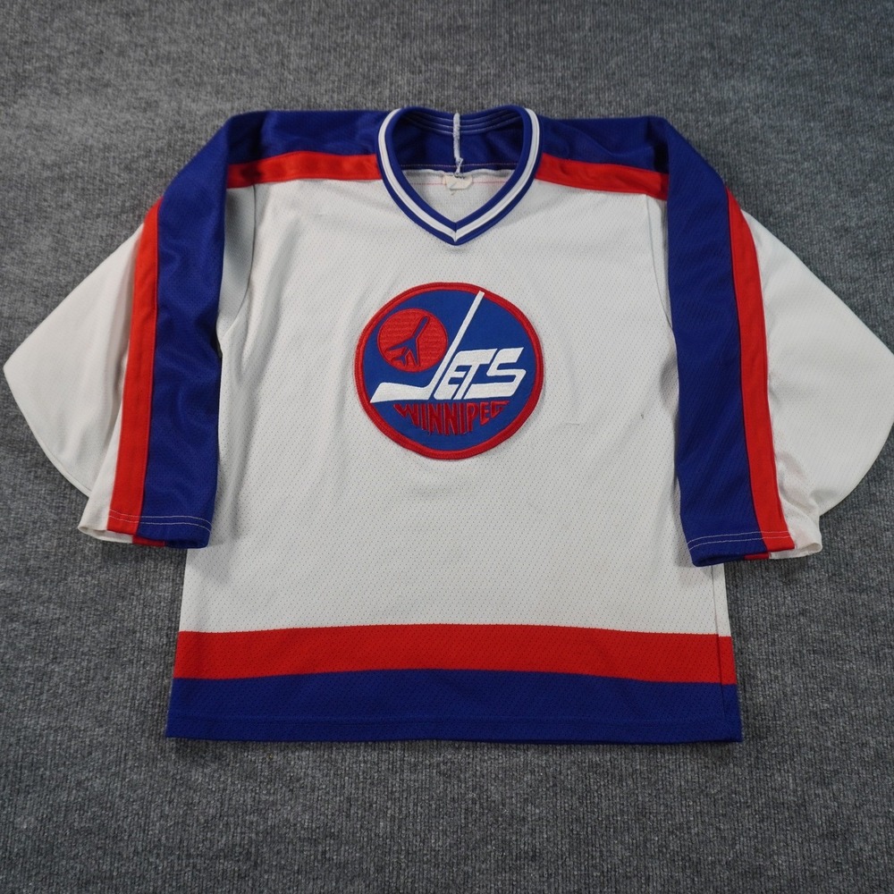 Vintage Winnipeg Jets Hockey Jersey Mens Medium White NHL Mesh Striped 1980s